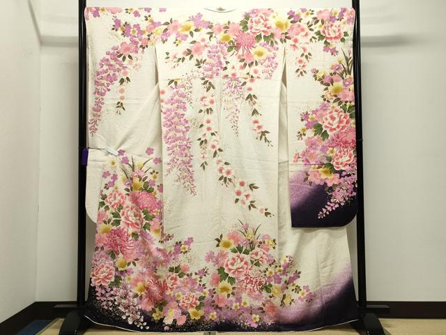 平和屋着物●豪華振袖　刺繍　舞花文　暈し染め　金銀彩　銀通し地　正絹　逸品　CABD8876gh