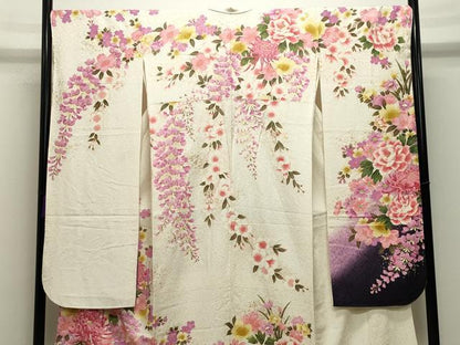 平和屋着物●豪華振袖　刺繍　舞花文　暈し染め　金銀彩　銀通し地　正絹　逸品　CABD8876gh
