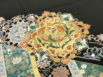 平和屋着物●豪華黒留袖　駒刺繍　鳳凰花唐草文　金彩　正絹　逸品　CABD8887gh