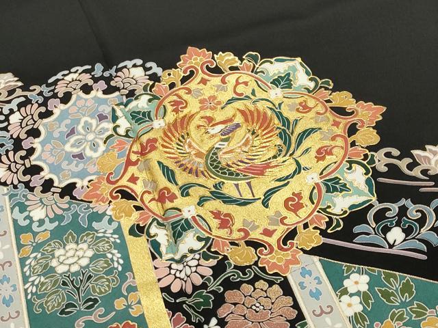 平和屋着物●豪華黒留袖　駒刺繍　鳳凰花唐草文　金彩　正絹　逸品　CABD8887gh