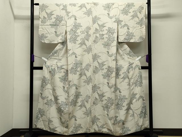 平和屋着物●上質な小紋　型染め　休み鳥花唐草文　正絹　逸品　CABD8889gh