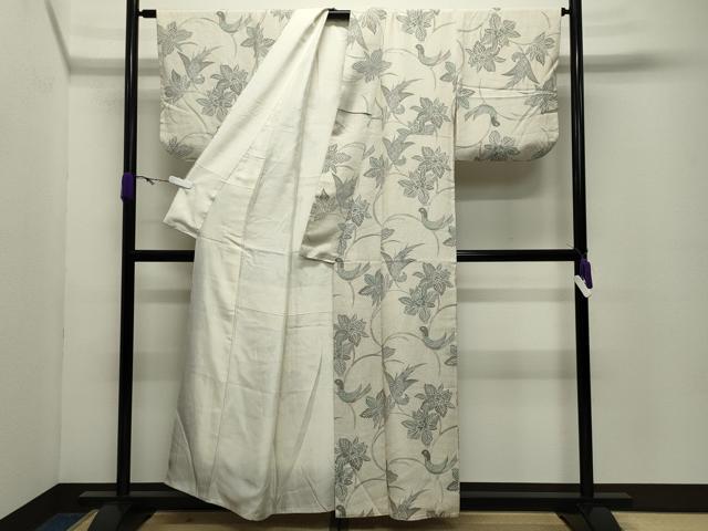 平和屋着物●上質な小紋　型染め　休み鳥花唐草文　正絹　逸品　CABD8889gh