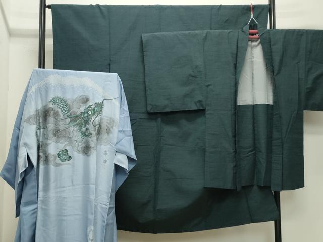 平和屋着物●男性　紬　アンサンブル・長襦袢セット　霞文　正絹　逸品　CABD8901gh