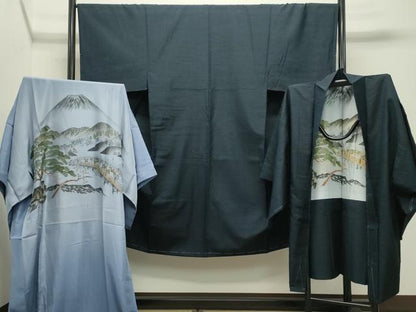 平和屋着物●男性　紬　髭紬羽織・長襦袢セット　色無地　濃藍色　正絹　逸品　CABD8903gh