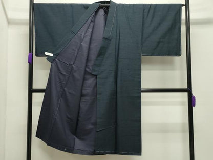 平和屋着物●男性　紬　髭紬羽織・長襦袢セット　色無地　濃藍色　正絹　逸品　CABD8903gh