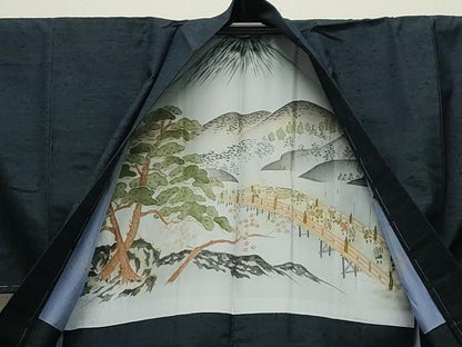 平和屋着物●男性　紬　髭紬羽織・長襦袢セット　色無地　濃藍色　正絹　逸品　CABD8903gh