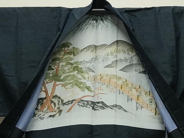 平和屋着物●男性　紬　髭紬羽織・長襦袢セット　色無地　濃藍色　正絹　逸品　CABD8903gh