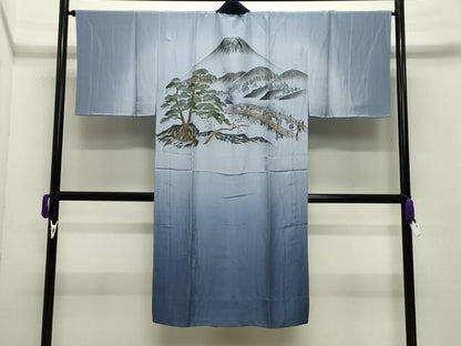 平和屋着物●男性　紬　髭紬羽織・長襦袢セット　色無地　濃藍色　正絹　逸品　CABD8903gh