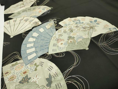 平和屋着物●アンティーク　大正ロマン　中国三大刺繍　相良刺繍　黒留袖　扇面花文　金彩　正絹　逸品　CABD8915gh