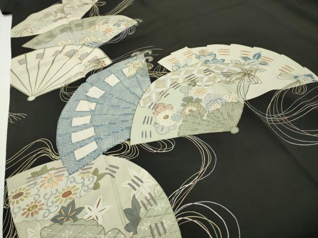 平和屋着物●アンティーク　大正ロマン　中国三大刺繍　相良刺繍　黒留袖　扇面花文　金彩　正絹　逸品　CABD8915gh