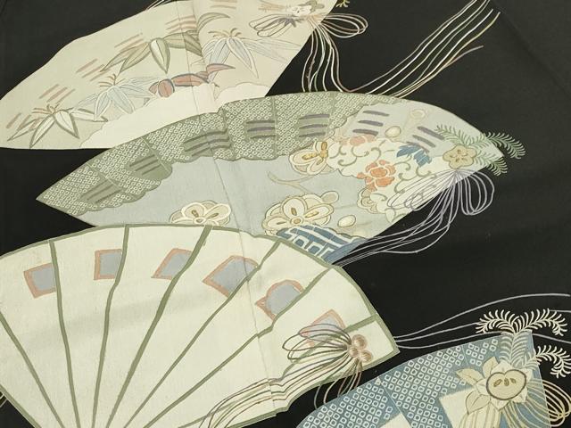 平和屋着物●アンティーク　大正ロマン　中国三大刺繍　相良刺繍　黒留袖　扇面花文　金彩　正絹　逸品　CABD8915gh