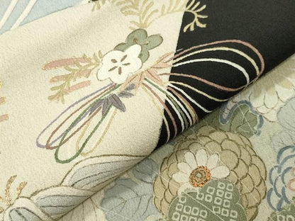 平和屋着物●アンティーク　大正ロマン　中国三大刺繍　相良刺繍　黒留袖　扇面花文　金彩　正絹　逸品　CABD8915gh