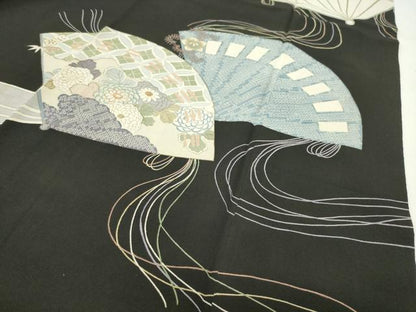 平和屋着物●アンティーク　大正ロマン　中国三大刺繍　相良刺繍　黒留袖　扇面花文　金彩　正絹　逸品　CABD8915gh