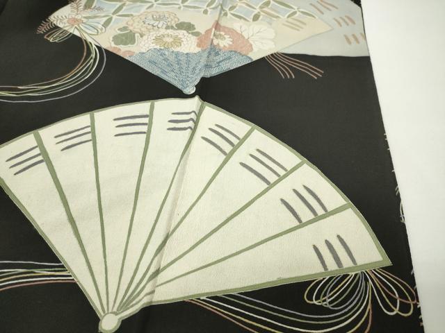 平和屋着物●アンティーク　大正ロマン　中国三大刺繍　相良刺繍　黒留袖　扇面花文　金彩　正絹　逸品　CABD8915gh