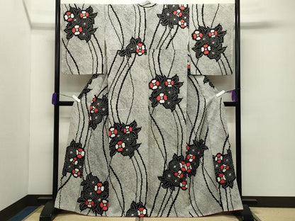 平和屋着物●上質な小紋　総絞り　草花文　黒地　正絹　逸品　CABD8918gh