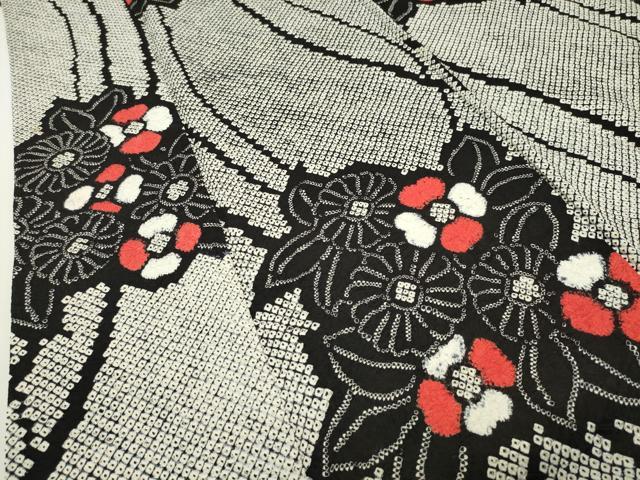 平和屋着物●上質な小紋　総絞り　草花文　黒地　正絹　逸品　CABD8918gh