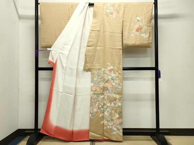 平和屋着物●訪問着　駒刺繍　草花文　金彩　正絹　逸品　CABD8921gh