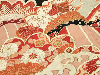 平和屋本店●アンティーク　大正ロマン　振袖　駒刺繍　立波松花文　黒地　金彩　正絹　逸品　CABD8924gh