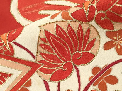 平和屋本店●アンティーク　大正ロマン　振袖　駒刺繍　立波松花文　黒地　金彩　正絹　逸品　CABD8924gh