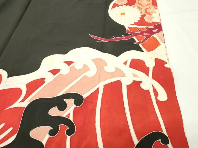 平和屋本店●アンティーク　大正ロマン　振袖　駒刺繍　立波松花文　黒地　金彩　正絹　逸品　CABD8924gh