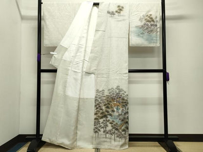 平和屋着物●訪問着　総絞り　駒刺繍　手描き　人物風景文　暈し染め　金彩　正絹　逸品　CABD8925gh