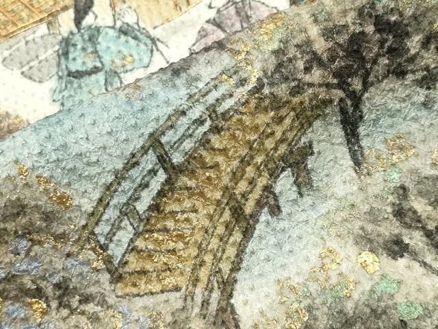 平和屋着物●訪問着　総絞り　駒刺繍　手描き　人物風景文　暈し染め　金彩　正絹　逸品　CABD8925gh
