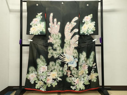平和屋着物●アンティーク　大正ロマン　黒留袖　刺繍　孔雀花文　金彩　正絹　逸品　CABD8930gh