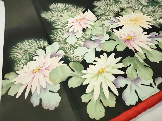 平和屋着物●アンティーク　大正ロマン　黒留袖　刺繍　孔雀花文　金彩　正絹　逸品　CABD8930gh