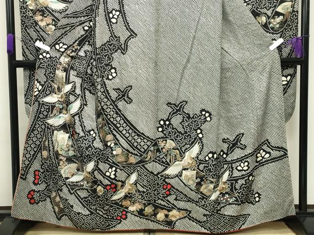 平和屋着物●豪華振袖　総絞り　十二単風　御所車飛鶴花文　黒地　金銀彩　正絹　逸品　CABD8932gh