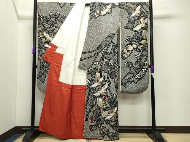 平和屋着物●豪華振袖　総絞り　十二単風　御所車飛鶴花文　黒地　金銀彩　正絹　逸品　CABD8932gh