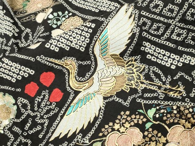 平和屋着物●豪華振袖　総絞り　十二単風　御所車飛鶴花文　黒地　金銀彩　正絹　逸品　CABD8932gh