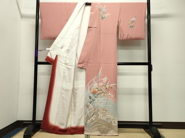 平和屋着物●訪問着　作家物　舞蝶草花文　暈し染め　金彩　正絹　逸品　CABD8934gh