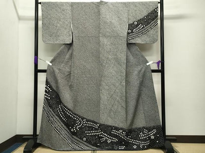 平和屋着物●訪問着　総絞り　草花文　黒地　正絹　逸品　CABD8936gh