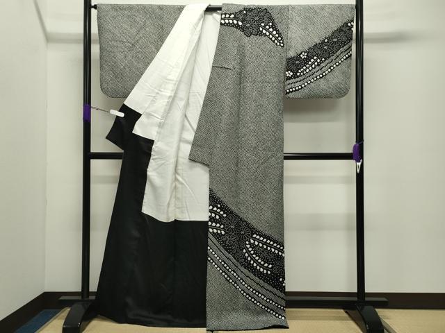 平和屋着物●訪問着　総絞り　草花文　黒地　正絹　逸品　CABD8936gh