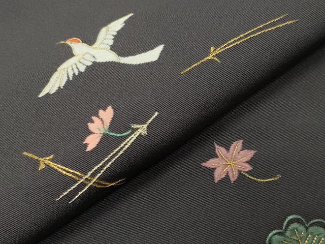平和屋着物●訪問着　駒刺繍　吹き寄せ尾長鳥文　金彩　正絹　逸品　CABD8944gh
