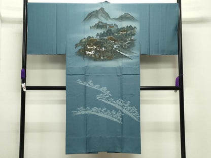 平和屋着物●男性　長襦袢　無双仕立て　風景文　暈し染め　金彩　洗える着物　CABD8945gh