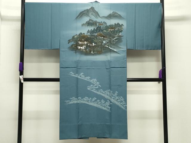 平和屋着物●男性　長襦袢　無双仕立て　風景文　暈し染め　金彩　洗える着物　CABD8945gh