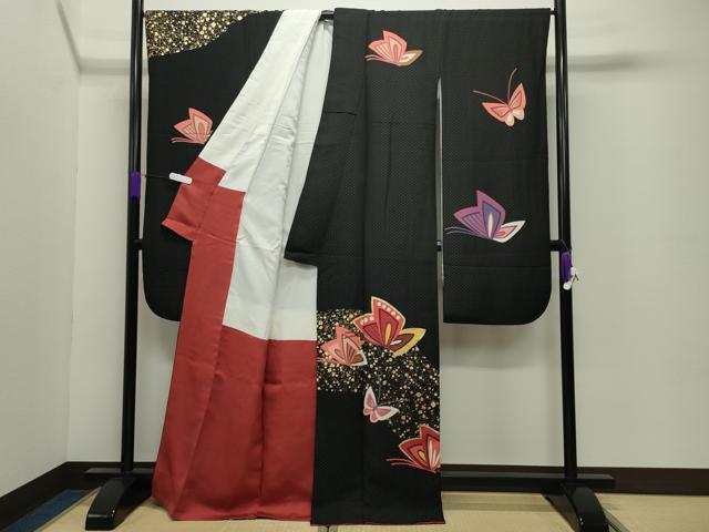 平和屋着物●豪華振袖　作家物　舞蝶文　黒地　金彩　銀通し地　正絹　逸品　CABD8974gh