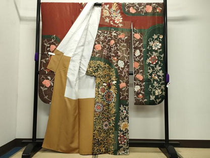 平和屋着物●英王室献上友禅作家　木下勝功　振袖　駒刺繍　鳳凰更紗花唐草文　金彩　金通し地　正絹　逸品　CABD8984gh