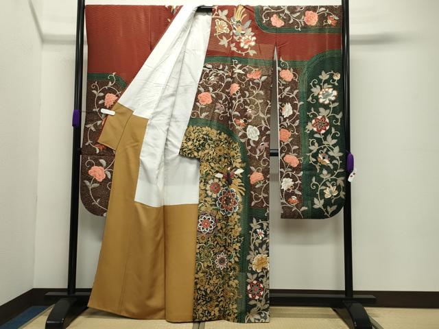 平和屋着物●英王室献上友禅作家　木下勝功　振袖　駒刺繍　鳳凰更紗花唐草文　金彩　金通し地　正絹　逸品　CABD8984gh