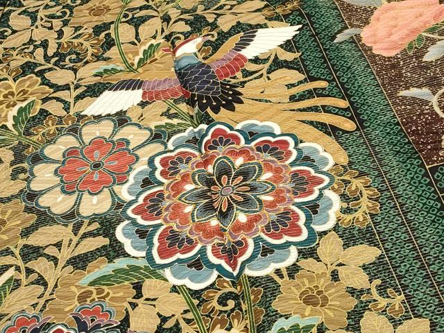 平和屋着物●英王室献上友禅作家　木下勝功　振袖　駒刺繍　鳳凰更紗花唐草文　金彩　金通し地　正絹　逸品　CABD8984gh