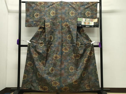 平和屋着物●都喜ヱ門　本場大島紬　7マルキ　草花文　藤絹織物謹製　証紙付き　正絹　逸品　CABD8986gh
