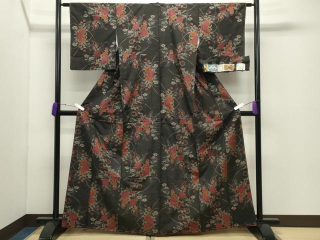 平和屋着物●本場大島紬　9マルキ　泥染め　流水草花文　証紙付き　正絹　逸品　CABD8987gh