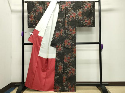 平和屋着物●本場大島紬　9マルキ　泥染め　流水草花文　証紙付き　正絹　逸品　CABD8987gh