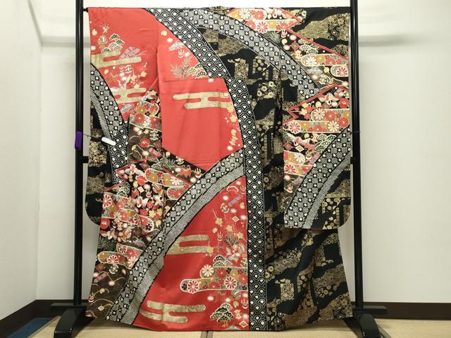 平和屋着物●豪華振袖　駒刺繍　絞り　飛鶴宝尽くし文　金彩　正絹　逸品　CABD8989gh