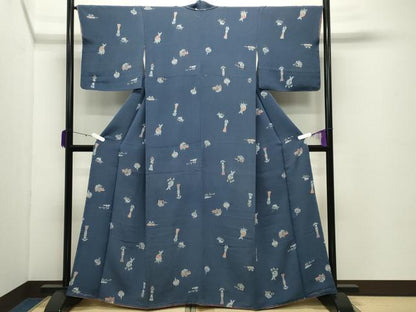 平和屋着物●上質な小紋　型染め　玩具文　鬼しぼ縮緬　正絹　逸品　CABD8996gh