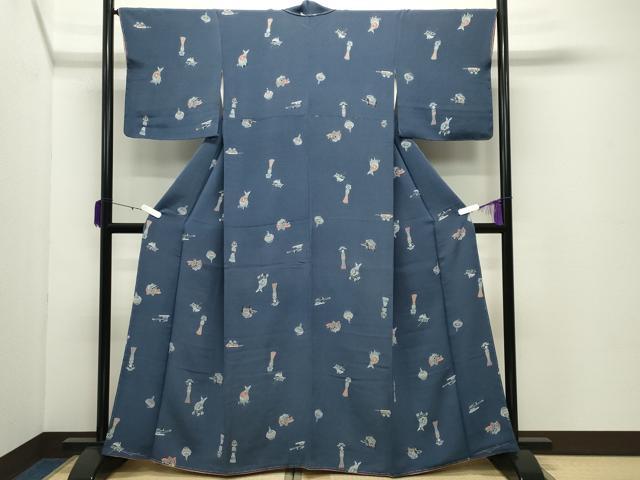 平和屋着物●上質な小紋　型染め　玩具文　鬼しぼ縮緬　正絹　逸品　CABD8996gh