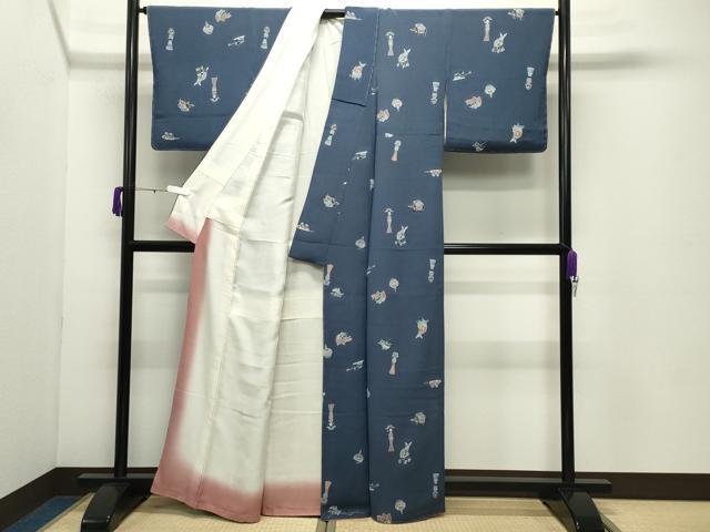 平和屋着物●上質な小紋　型染め　玩具文　鬼しぼ縮緬　正絹　逸品　CABD8996gh