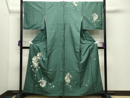 平和屋着物●訪問着　紬地　友禅　作家物　草花文　正絹　逸品　CABD8997gh