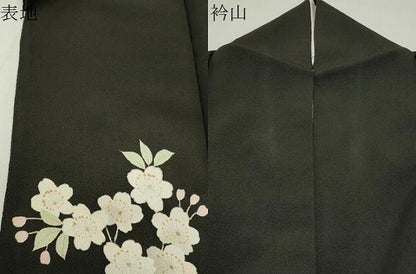 平和屋着物●訪問着　枝桜文　黒地　鬼しぼ縮緬　正絹　逸品　CABD9012gh